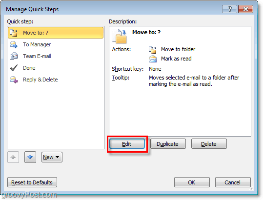 urejanje hitrih korakov v programu Outlook 2010