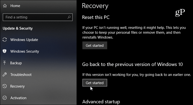 vrnite se na prejšnjo različico sistema Windows 10