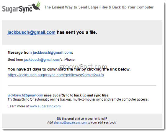 SugarSync Delite datoteke prek e-pošte