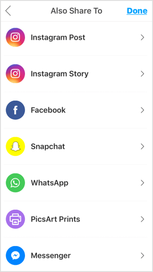 Mobilne aplikacije, kot je PicsArt, omogočajo skupno rabo vaše fotografije na Instagramu, Facebooku in drugih platformah.