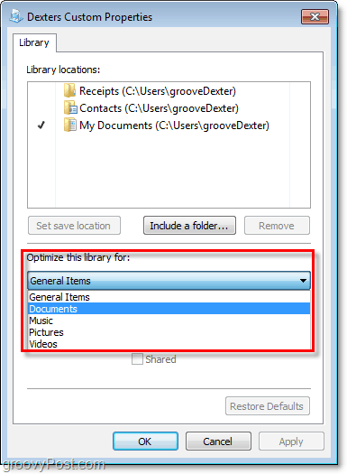 Prilagodite še dodatne lastnosti knjižnic v sistemu Windows 7