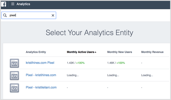 Spletno mesto Facebook Analytics