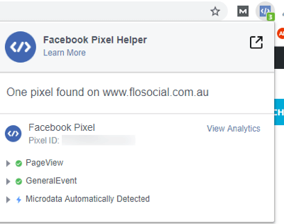 Za primer spletne strani uporabite orodje za nastavitev dogodka Facebook, korak 12, podrobnosti razširitve za Facebook Pixel Helper