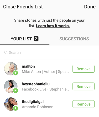 Možnost klika Odstrani, če želite odstraniti prijatelja s seznama Zapri prijateljev na Instagramu.