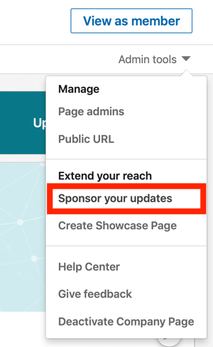 Kako ustvariti besedilni oglas LinkedIn, 1. korak, sponzorirajte svoje posodobitve pod skrbniškimi orodji