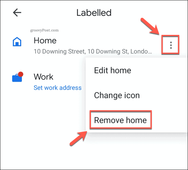 Odstranjevanje shranjenega domačega naslova v mobilni napravi Google Maps
