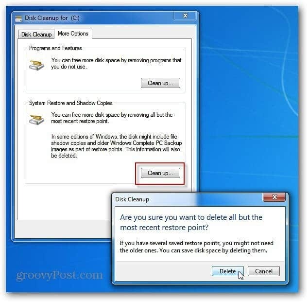 Izbrišite stare točke za obnovitev sistema Windows za prostor na trdem disku