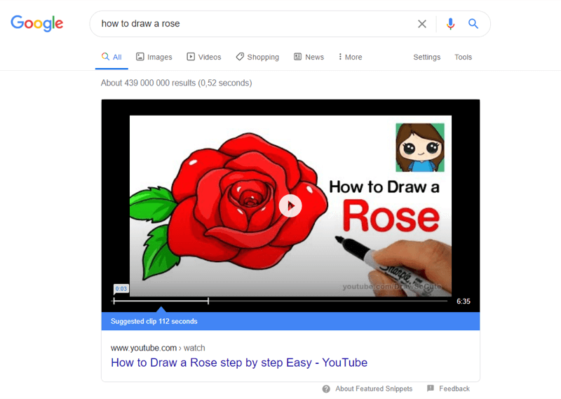 primer najboljšega videoposnetka na youtubu v Googlovih rezultatih iskanja za "kako narisati vrtnico"