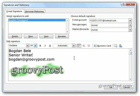 Outlook 2013 uporablja podpis groovypost logotip