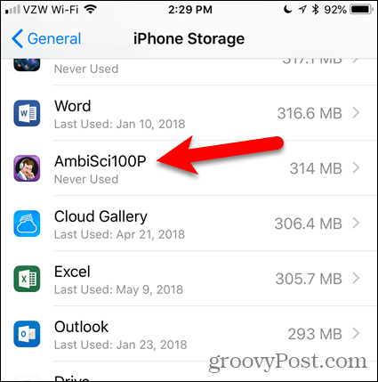 Dotaknite se aplikacije pod iPhone Storage