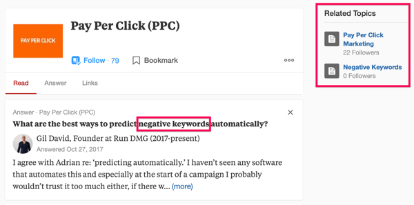 Primer rezultata iskanja Quora, vključno z iskalnim izrazom "PPC" in besedno zvezo "negativne ključne besede".