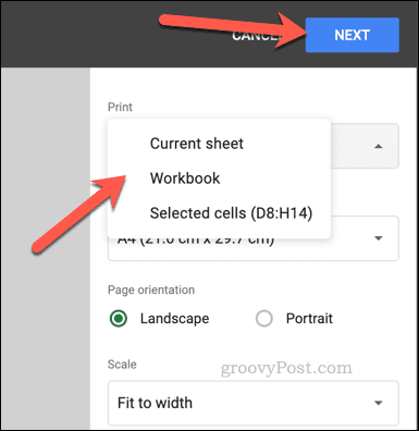 Izberite območje tiskanja v Google Preglednicah