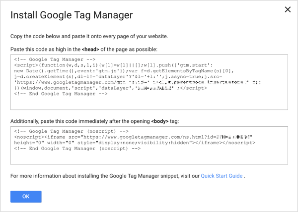 Dodajte dva delčka kode Google Tag Manager na vsako stran vašega spletnega mesta, da dokončate postopek namestitve.