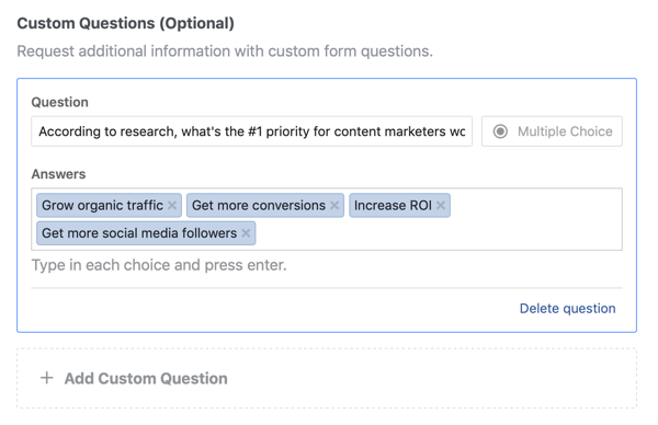 Primer možnosti vprašanja in odgovora na vprašanje za vodilno oglaševalsko akcijo na Facebooku.