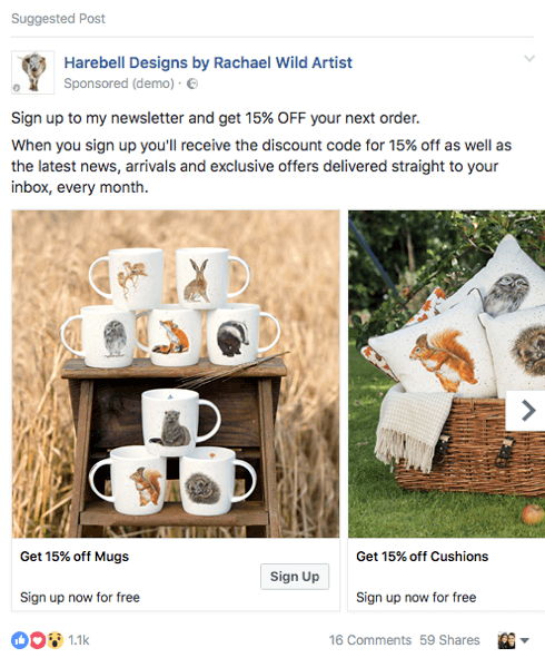 To podjetje za e-trgovino v oglasu na Facebooku promovira svinčeni magnet s kodo za popust.