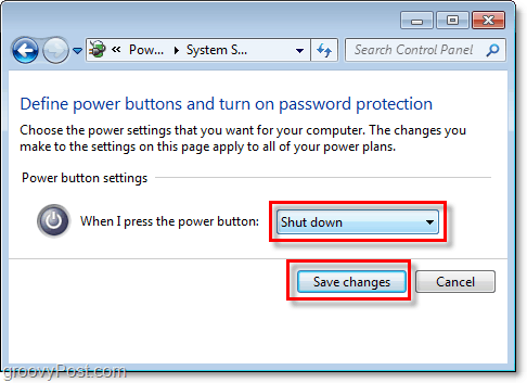 prilagodite, kaj bo naredil gumb za izklop sistema Windows 7, za zaključek kliknite shrani spremembe
