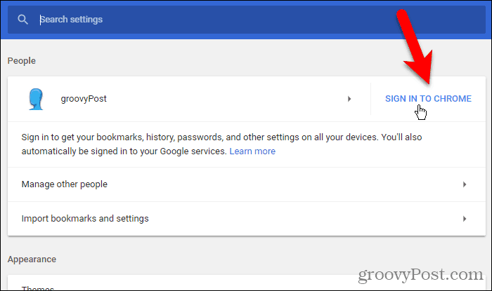 Kliknite Vpis v Chrome v sistemu Windows