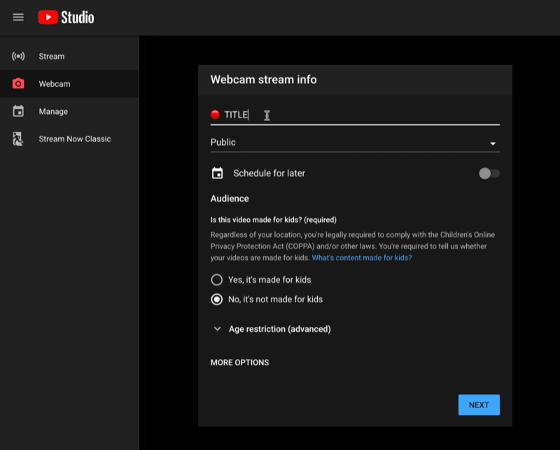 youtube studio go live menu nadzorna plošča za pretakanje v živo s podrobnostmi o pretoku spletne kamere, pripravljenimi za nastavitev