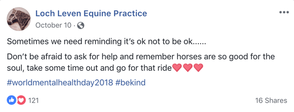 Primer objave na Facebooku z emojiji iz Lock Leven Equine Practice.