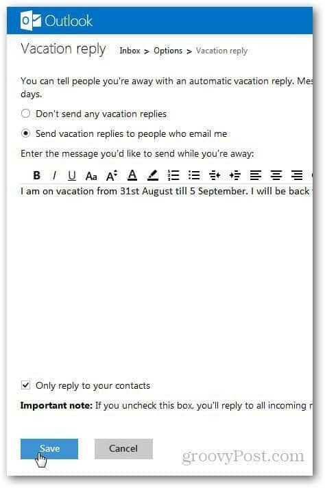 Sporočilo o počitnicah v Outlooku 3