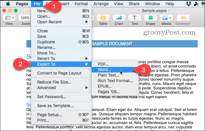 Datoteka> Izvozi v> Word v Strani na Macu