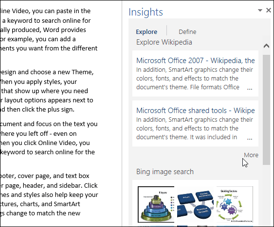 Kako uporabljati funkcijo pametnega iskanja z bingom v programu Office 2016