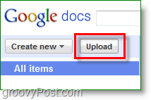Slika zaslona Google Docs - gumb za nalaganje