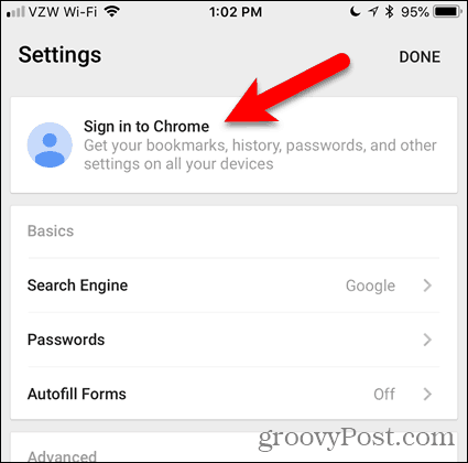 Tapnite Prijava v Chrome v iOS-u