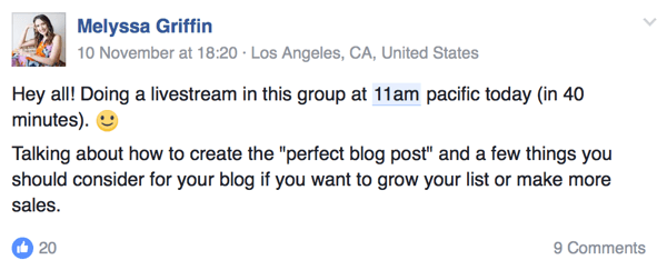 Podjetnica Melyssa Griffin občinstvu sporoči, kdaj bo v živo na Facebooku.