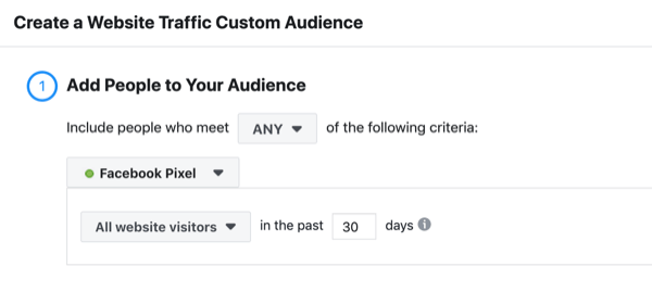 Facebook ciljna skupina oglasnih tokov za ciljno skupino spletnega mesta.