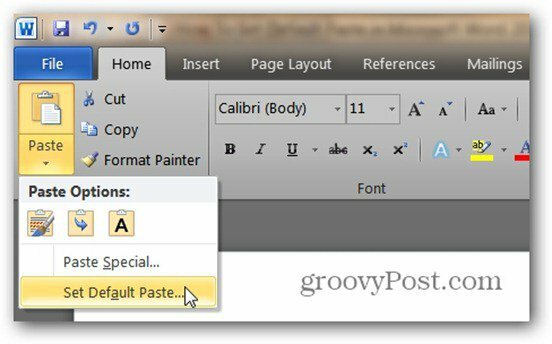 Kako nastaviti privzeto lepljenje v programu Microsoft Word 2010