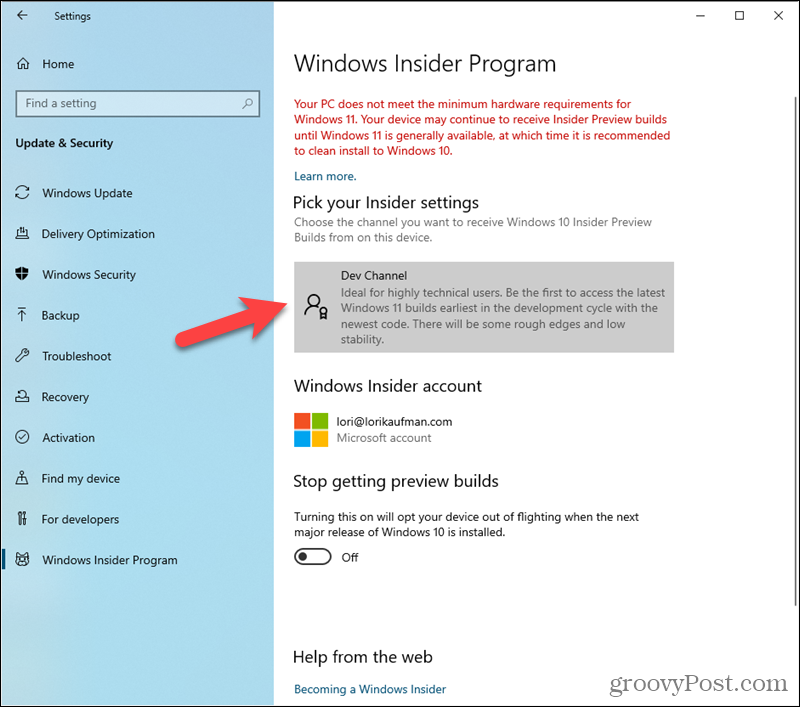 Kanal za razvijalce je nastavljen v nastavitvah programa Windows Insider
