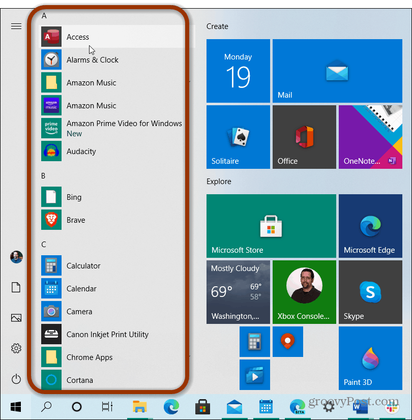 seznam aplikacij v začetnem meniju Windows 10