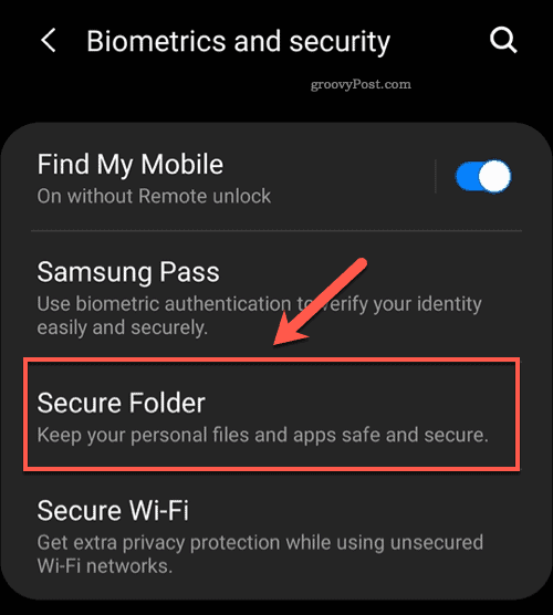 Možnost menija Android Secure Folder