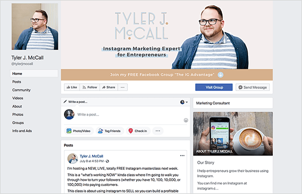 Tyler J. Na Facebook strani McCalla je fotografija Tylerja v očalih in črtasti srajci. Na njegovi naslovni fotografiji je podobna Tylerjeva fotografija z besedilom “Tyler J. McCall, Instagram marketinški strokovnjak za podjetnike. Pod tem na rumeni barvi belo besedilo piše "Pridružite se moji BREZPLAČNI Facebook skupini, IG Advantage", na koncu tega besedila pa se prikaže puščica dol.