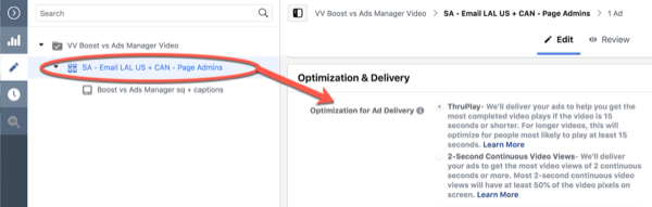 Facebook ThruPlay Optimization za urejanje 10-sekundne oglede kampanje, 3. korak.