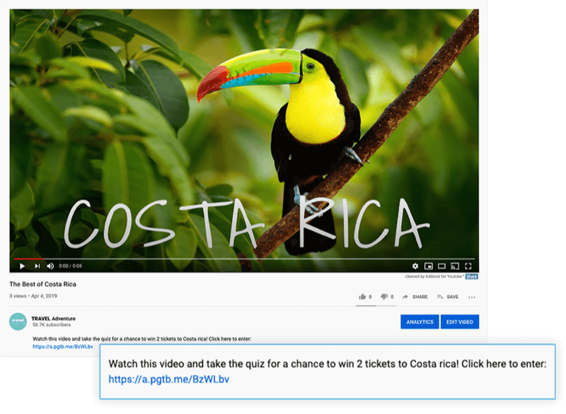 poudaril opis videoposnetka na youtubu s ponudbo za ogled videoposnetka in kviz za priložnost, da osvojite 2 vstopnici v Kostariko