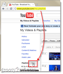 ustvarite nov seznam predvajanja na youtube-u na strani z videoposnetki in seznami predvajanja