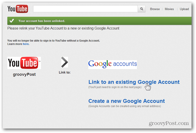 Povežite račun za YouTube z novim Google Računom - Kliknite povezavo do obstoječega računa