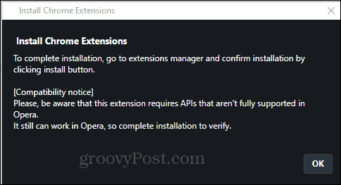 Opera Install Chrome Extension namesti potrditev