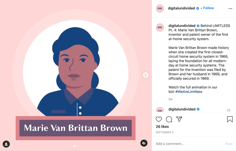 primer objave delčka mp4 v skupni rabi v instagramu, ki označuje marie van brittan brown kot pt. 4 v seriji #wearelimitless