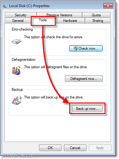 Varnostna kopija Windows 7 - zavihek Orodja o lastnostih in gumb Varnostna kopija zdaj