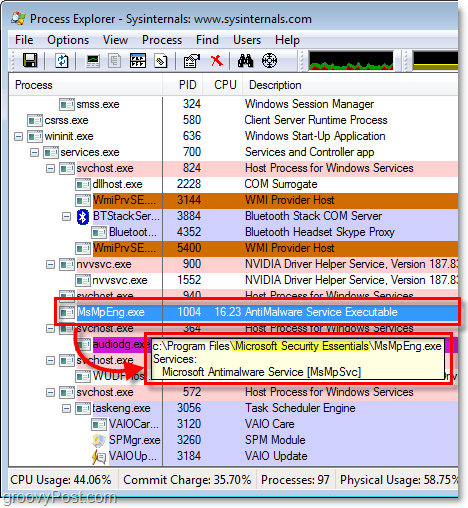 msmpeng.exe v Windows 7 proces Explorerju