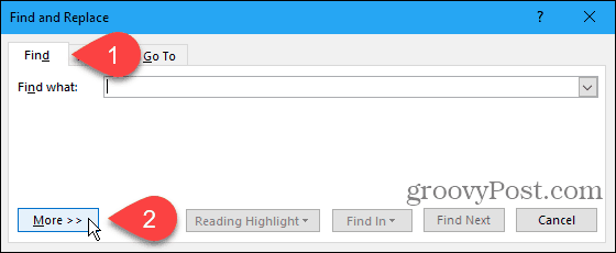 Kliknite zavihek Najdi in nato Več