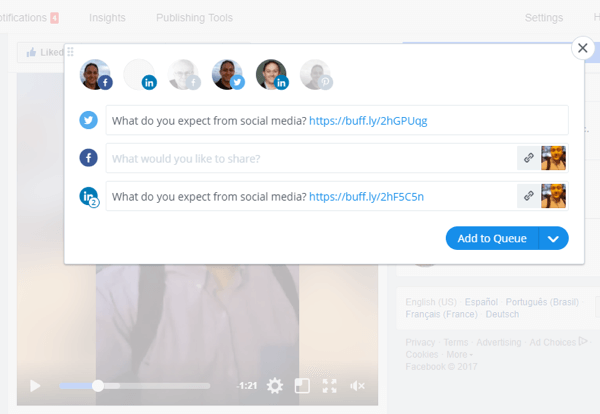 Orodja, kot je Buffer, vam lahko pomagajo deliti Facebook Live video na več platformah socialnih medijev.