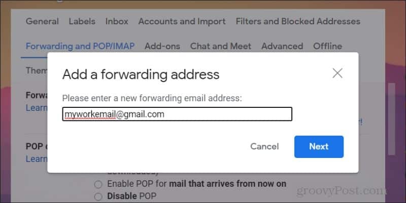 posnetek zaslona dodajanja e-poštnih sporočil