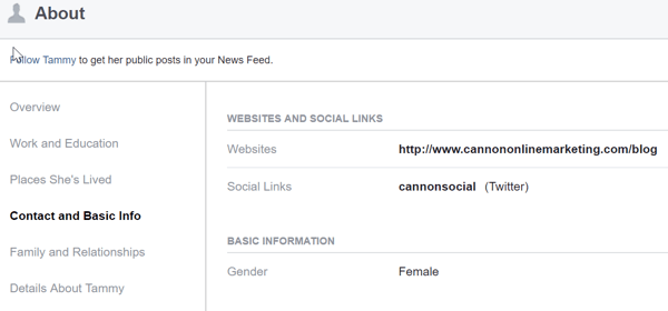 V razdelku O svojem osebnem profilu na Facebooku delite spletno mesto podjetja in povezave do družbenih platform, kjer je vaše podjetje dejavno.