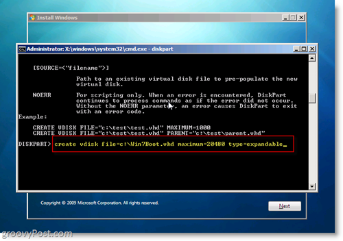 Windows 7 Native VHD Namestitev dvojnega zagona Ustvari VHD iz poziva CMD