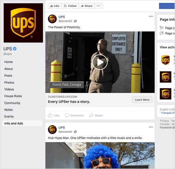 Če pogledate Facebook oglase iz UPS-a, je jasno, da uporabljajo zgodbe in čustveno privlačnost za krepitev prepoznavnosti blagovne znamke.