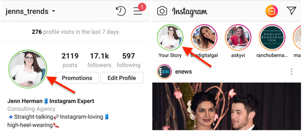 Indikator zelenega kroga za vašo sliko profila v Instagramu, ko ste zgodbo dali na seznam zaprtih prijateljev.